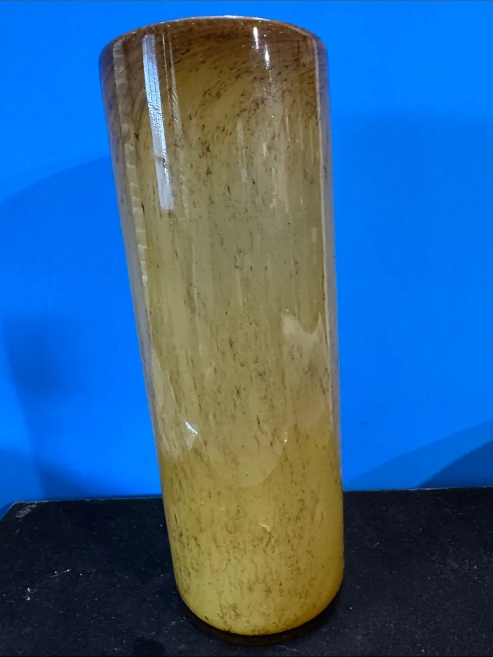 Cylindrical Amber or Yellow glass vase, handcrafted. mid-century in style.